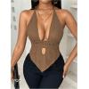 imageSOLY HUX Womens Deep V Neck Cut Out Halter Top Tie Backless Asymmetrical Hem Summer TopsPlain Khaki
