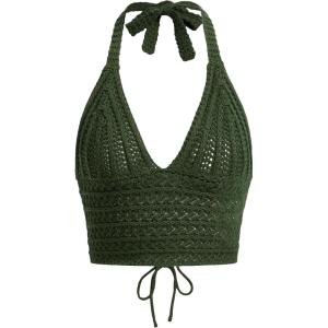 imageSOLY HUX Womens Crochet Halter Crop Tops Summer Sexy Knitted V Neck Sleeveless Camisole Y2K TopSolid Army Green