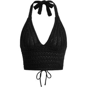 imageSOLY HUX Womens Crochet Halter Crop Tops Summer Sexy Knitted V Neck Sleeveless Camisole Y2K TopSolid Black