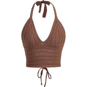 imageSOLY HUX Womens Crochet Halter Crop Tops Summer Sexy Knitted V Neck Sleeveless Camisole Y2K TopSolid Brown