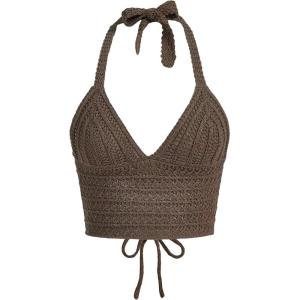 imageSOLY HUX Womens Crochet Halter Crop Tops Summer Sexy Knitted V Neck Sleeveless Camisole Y2K TopSolid Mocha Brown