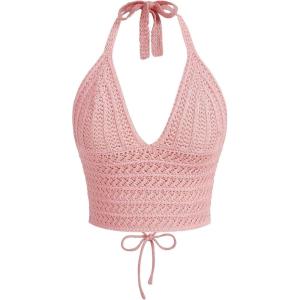 imageSOLY HUX Womens Crochet Halter Crop Tops Summer Sexy Knitted V Neck Sleeveless Camisole Y2K TopSolid Pink