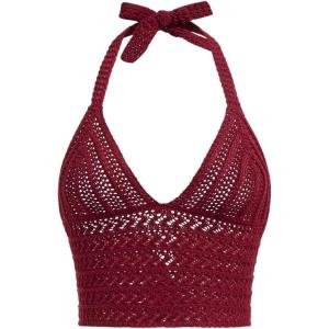 imageSOLY HUX Womens Crochet Halter Crop Tops Summer Sexy Knitted V Neck Sleeveless Camisole Y2K TopSolid Red