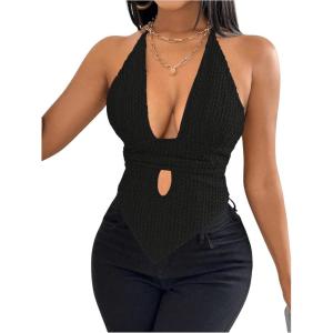 imageSOLY HUX Womens Deep V Neck Cut Out Halter Top Tie Backless Asymmetrical Hem Summer TopsPlain Black