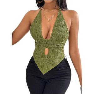 imageSOLY HUX Womens Deep V Neck Cut Out Halter Top Tie Backless Asymmetrical Hem Summer TopsPlain Green