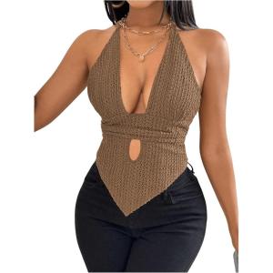 imageSOLY HUX Womens Deep V Neck Cut Out Halter Top Tie Backless Asymmetrical Hem Summer TopsPlain Khaki