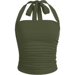 imageSOLY HUX Womens Ruched Halter Y2K Crop Tops Tie Back Sleeveless Slim Fit Cami TopsArmy Green