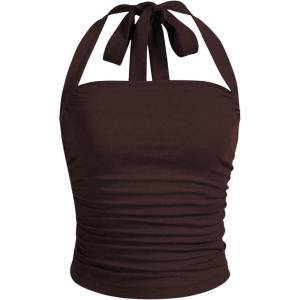 imageSOLY HUX Womens Ruched Halter Y2K Crop Tops Tie Back Sleeveless Slim Fit Cami TopsCoffee Brown