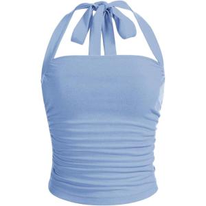 imageSOLY HUX Womens Ruched Halter Y2K Crop Tops Tie Back Sleeveless Slim Fit Cami TopsDusty Blue