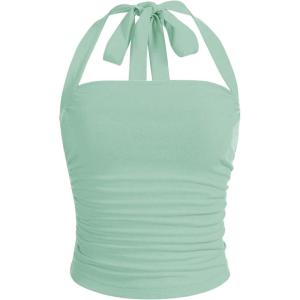 imageSOLY HUX Womens Ruched Halter Y2K Crop Tops Tie Back Sleeveless Slim Fit Cami TopsOlive Green
