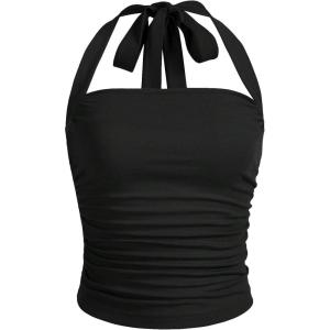 imageSOLY HUX Womens Ruched Halter Y2K Crop Tops Tie Back Sleeveless Slim Fit Cami TopsPlain Black