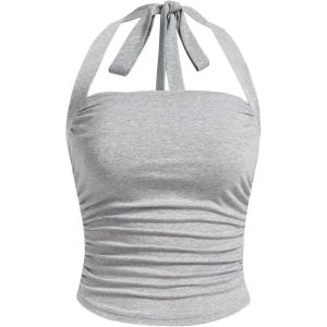 imageSOLY HUX Womens Ruched Halter Y2K Crop Tops Tie Back Sleeveless Slim Fit Cami TopsPlain Light Grey