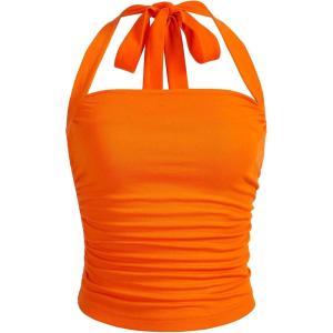 imageSOLY HUX Womens Ruched Halter Y2K Crop Tops Tie Back Sleeveless Slim Fit Cami TopsPlain Orange