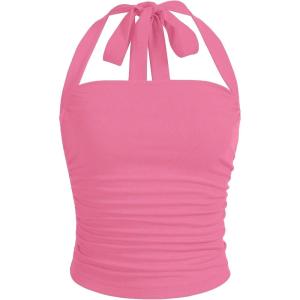 imageSOLY HUX Womens Ruched Halter Y2K Crop Tops Tie Back Sleeveless Slim Fit Cami TopsPlain Pink