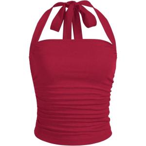 imageSOLY HUX Womens Ruched Halter Y2K Crop Tops Tie Back Sleeveless Slim Fit Cami TopsPlain Red