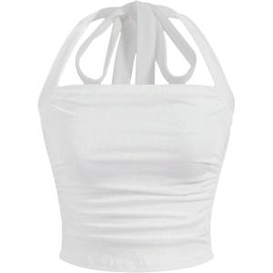 imageSOLY HUX Womens Ruched Halter Y2K Crop Tops Tie Back Sleeveless Slim Fit Cami TopsPlain White