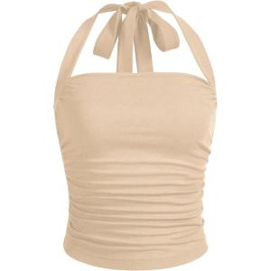 imageSOLY HUX Womens Ruched Halter Y2K Crop Tops Tie Back Sleeveless Slim Fit Cami TopsPure Apricot