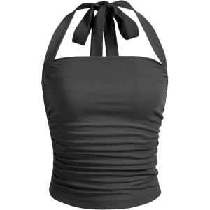 imageSOLY HUX Womens Ruched Halter Y2K Crop Tops Tie Back Sleeveless Slim Fit Cami TopsPure Dark Grey
