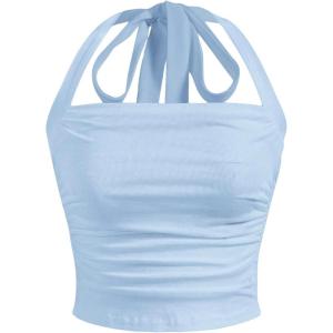 imageSOLY HUX Womens Ruched Halter Y2K Crop Tops Tie Back Sleeveless Slim Fit Cami TopsPure Light Blue
