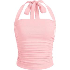 imageSOLY HUX Womens Ruched Halter Y2K Crop Tops Tie Back Sleeveless Slim Fit Cami TopsPure Pink