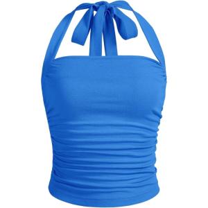 imageSOLY HUX Womens Ruched Halter Y2K Crop Tops Tie Back Sleeveless Slim Fit Cami TopsPure Royal Blue