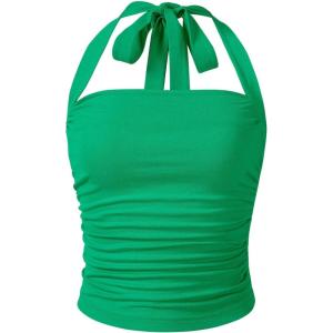 imageSOLY HUX Womens Ruched Halter Y2K Crop Tops Tie Back Sleeveless Slim Fit Cami TopsSolid Green