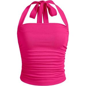 imageSOLY HUX Womens Ruched Halter Y2K Crop Tops Tie Back Sleeveless Slim Fit Cami TopsSolid Hot Pink