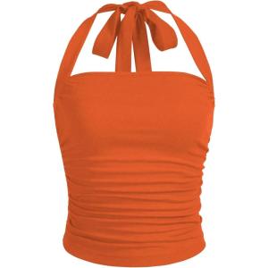 imageSOLY HUX Womens Ruched Halter Y2K Crop Tops Tie Back Sleeveless Slim Fit Cami TopsSolid Orange