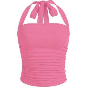 imageSOLY HUX Womens Ruched Halter Y2K Crop Tops Tie Back Sleeveless Slim Fit Cami TopsSolid Pure Pink