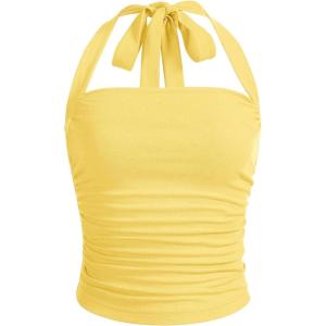 imageSOLY HUX Womens Ruched Halter Y2K Crop Tops Tie Back Sleeveless Slim Fit Cami TopsSolid Yellow