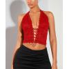imageSOLY HUX Womens Sexy Lace Sheer Corset Top Halter Neck Tie Up Backless Crop Tops Party Rave OutfitsSolid Red