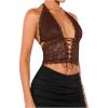 imageSOLY HUX Womens Sexy Lace Sheer Corset Top Halter Neck Tie Up Backless Crop Tops Party Rave OutfitsCoffee Brown