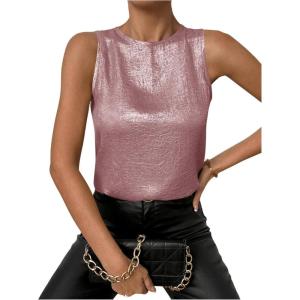 imageSOLY HUX Womens Metallic Tank Top Round Neck Sleeveless Casual Summer TopsPlain Dusty Pink