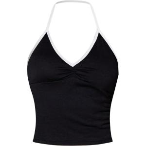 imageSOLY HUX Womens Music Festival Outfits V Neck Sleeveless Halter Tops Ruched Backless Cami Crop TopBlack and White