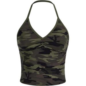 imageSOLY HUX Womens Music Festival Outfits V Neck Sleeveless Halter Tops Ruched Backless Cami Crop TopGreen Camo