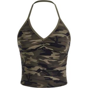 imageSOLY HUX Womens Music Festival Outfits V Neck Sleeveless Halter Tops Ruched Backless Cami Crop TopGreen Multi