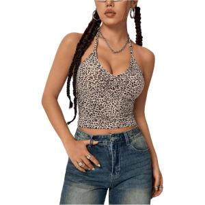 imageSOLY HUX Womens Music Festival Outfits V Neck Sleeveless Halter Tops Ruched Backless Cami Crop TopKhaki Leopard