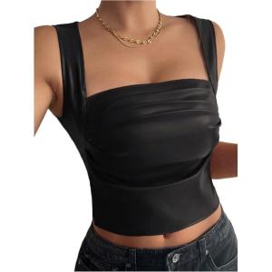imageSOLY HUX Womens PU Leather Square Neck Tank Tops Sleeveless Slim Fitted Party Club Crop TopPure Black