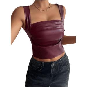 imageSOLY HUX Womens PU Leather Square Neck Tank Tops Sleeveless Slim Fitted Party Club Crop TopPure Burgundy