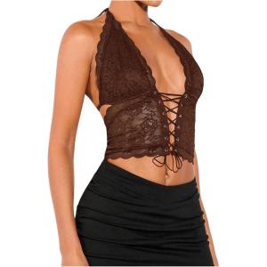 imageSOLY HUX Womens Sexy Lace Sheer Corset Top Halter Neck Tie Up Backless Crop Tops Party Rave OutfitsCoffee Brown