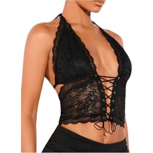 imageSOLY HUX Womens Sexy Lace Sheer Corset Top Halter Neck Tie Up Backless Crop Tops Party Rave OutfitsSolid Black