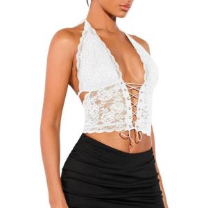 imageSOLY HUX Womens Sexy Lace Sheer Corset Top Halter Neck Tie Up Backless Crop Tops Party Rave OutfitsSolid White