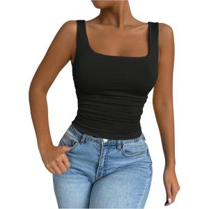 imageSOLY HUX Womens Summer Sleeveless Square Neck Tank Top Ruched Slim Fit Basic Vest TopsPlain Black
