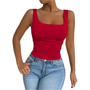 imageSOLY HUX Womens Summer Sleeveless Square Neck Tank Top Ruched Slim Fit Basic Vest TopsPlain Red
