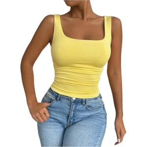 imageSOLY HUX Womens Summer Sleeveless Square Neck Tank Top Ruched Slim Fit Basic Vest TopsPlain Yellow