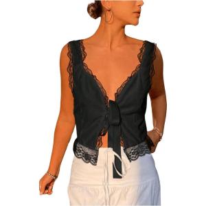 imageSOLY HUX Womens Y2k Lace Trim Open Tie Front Tank Top V Neck Sleeveless TopsPlain Black