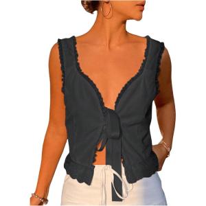 imageSOLY HUX Womens Y2k Lace Trim Open Tie Front Tank Top V Neck Sleeveless TopsPure Dark Grey