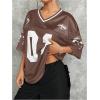 imageSOLY HUX Jersey Shirts for Women Y2k Graphic Number Oversized Tees V Neck Half Sleeve Cute Soccer Streetwear T Shirt TopsBrown Letter