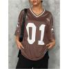 imageSOLY HUX Jersey Shirts for Women Y2k Graphic Number Oversized Tees V Neck Half Sleeve Cute Soccer Streetwear T Shirt TopsBrown Letter