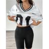 imageSOLY HUX Jersey Shirts for Women Y2k Graphic Number Oversized Tees V Neck Half Sleeve Cute Soccer Streetwear T Shirt TopsWhite Letter